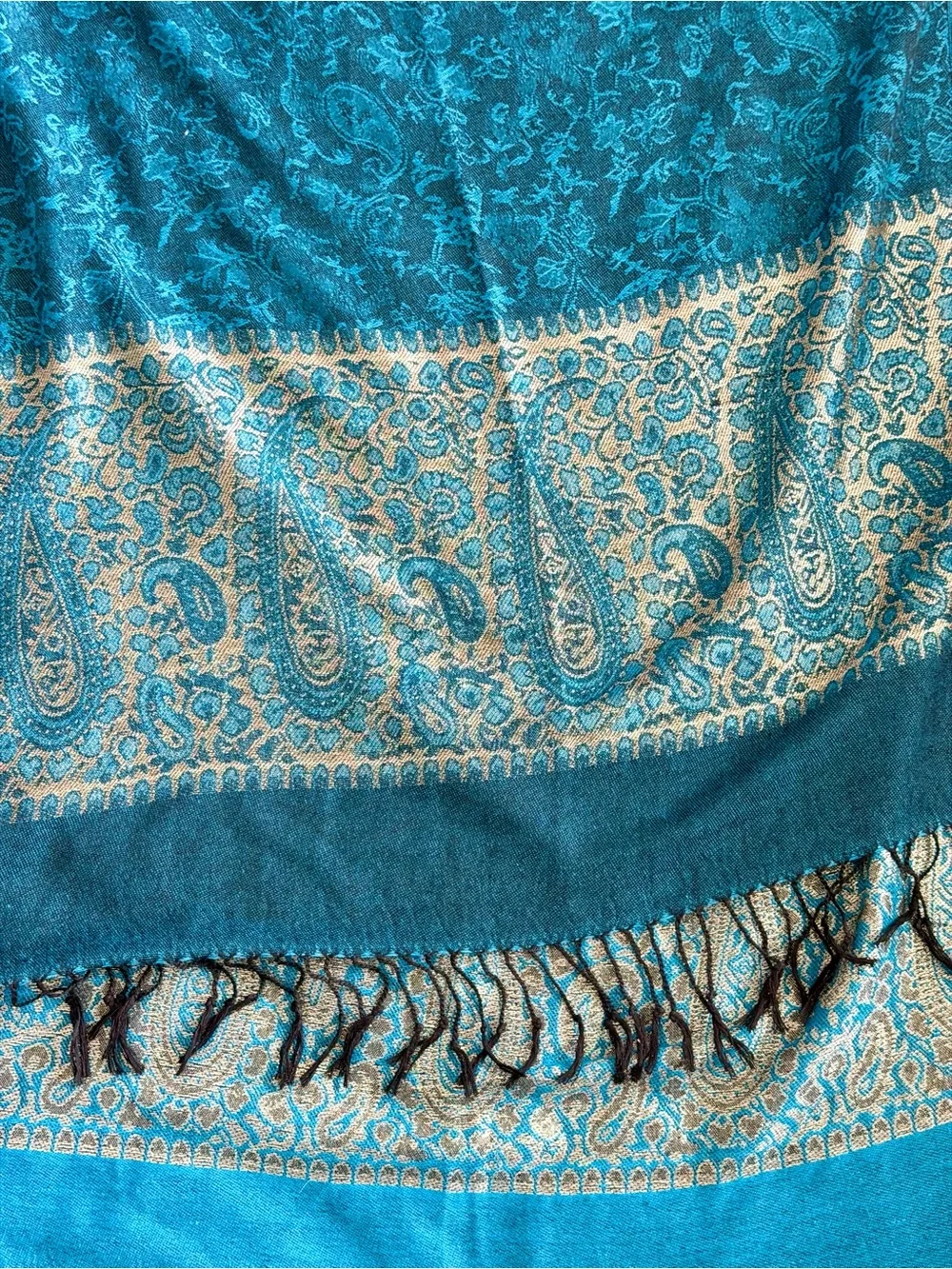Pashmina SILK Turquoise & gold Fringe Scarf